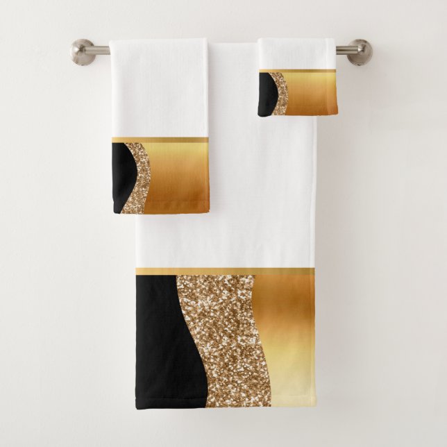 ABSTRACT WAVE BLACK GOLD BATHROOM TOWEL SET (Insitu)