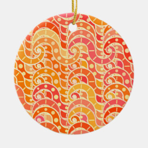 Abstract wave pattern - orange, coral and gold ceramic ornament