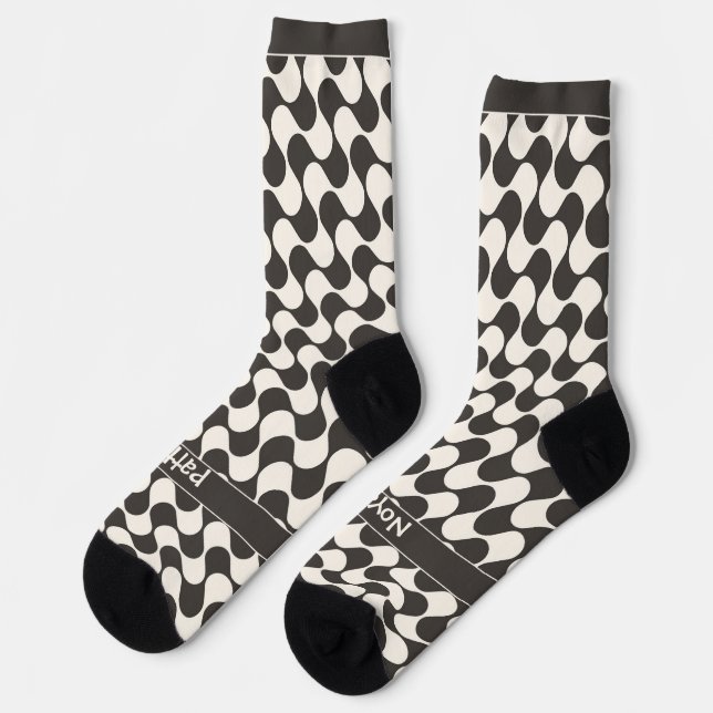 Abstract Waves Black and White with Text Socks (Left)