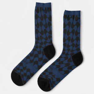 Abstract Waves Blue and Black with Text Socks