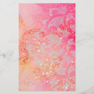 ABSTRACT WAVES / GOLD PINK SPARKLES,FLORAL SWIRLS STATIONERY