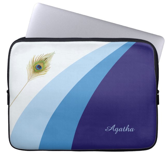 Abstract waves in blue shades & peacock feather laptop sleeve (Front)