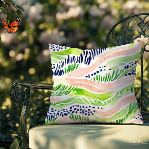 Abstract Waves Watercolor Green Pink Blue Outdoor Cushion