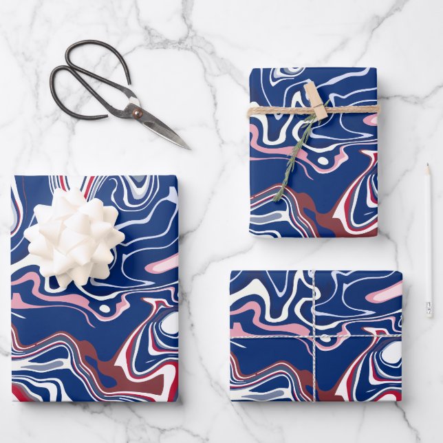 Abstract Waves with Red, Blue, and White Wrapping Paper Sheet (Front)