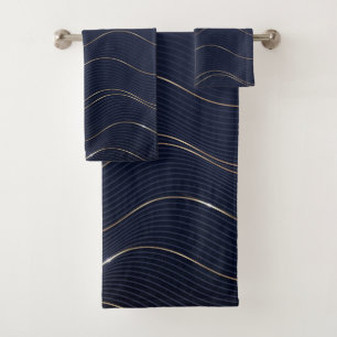 Abstract Wavy Blue Gold Lines Pattern Bath Towel Set