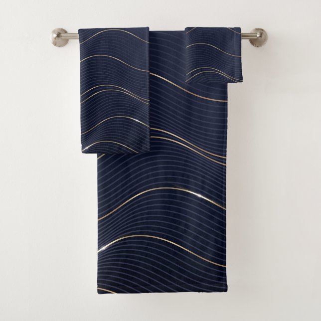 Abstract Wavy Blue Gold Lines Pattern Bath Towel Set (Insitu)