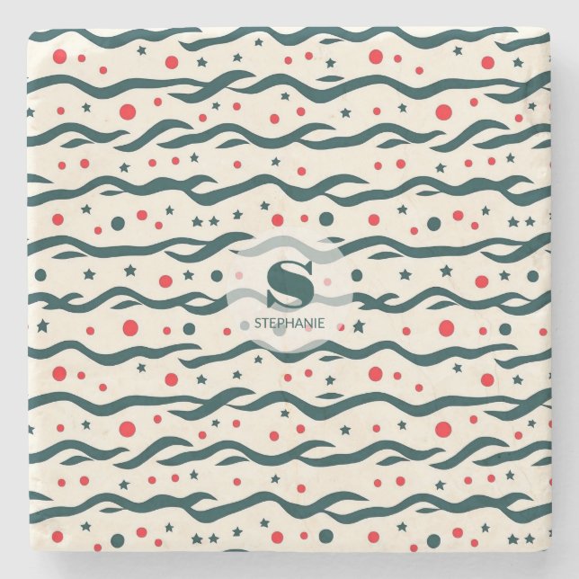 Abstract Wavy Lines and Geometric Shapes Pattern Stone Coaster (Front)