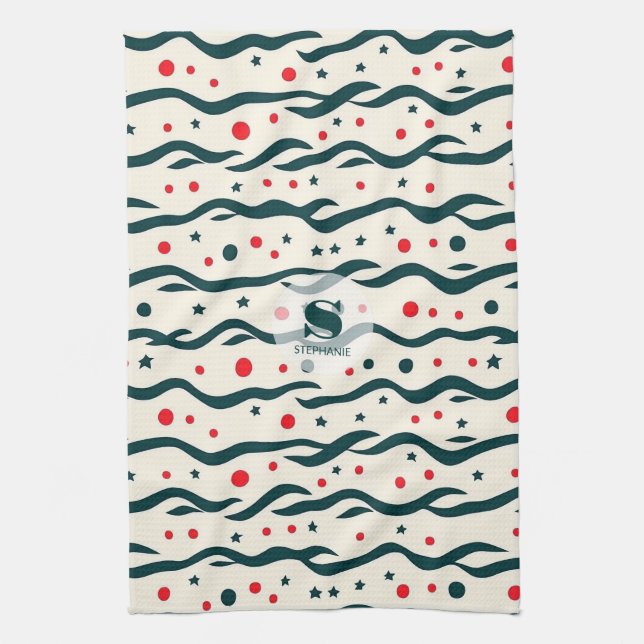 Abstract Wavy Lines and Geometric Shapes Pattern Tea Towel (Vertical)