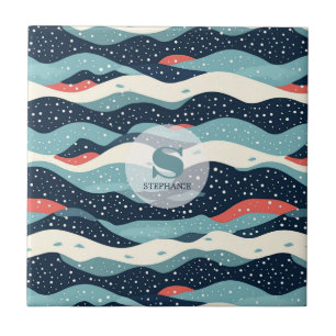 Abstract Wavy Lines with Snowflake Dots Ceramic Tile