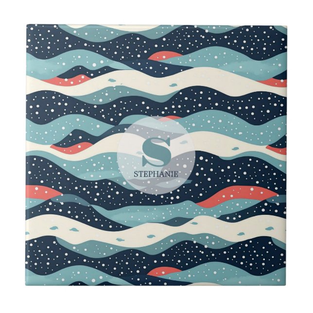 Abstract Wavy Lines with Snowflake Dots Ceramic Tile (Front)