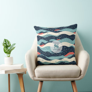 Abstract Wavy Lines with Snowflake Dots Cushion