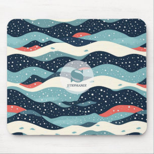 Abstract Wavy Lines with Snowflake Dots Mouse Pad