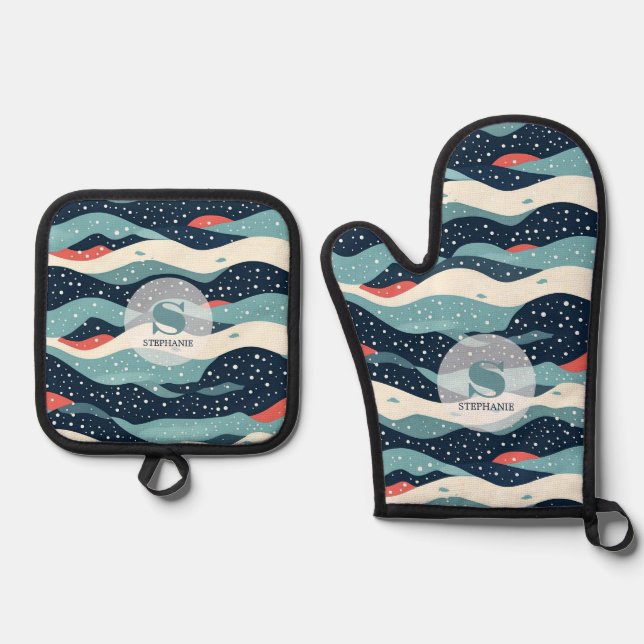 Abstract Wavy Lines with Snowflake Dots Oven Mitt & Pot Holder Set (Front)