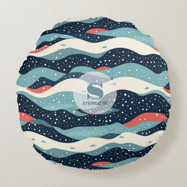 Abstract Wavy Lines with Snowflake Dots Round Cushion (Front)