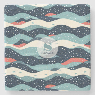 Abstract Wavy Lines with Snowflake Dots Stone Coaster
