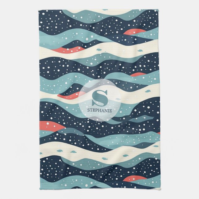Abstract Wavy Lines with Snowflake Dots Tea Towel (Vertical)
