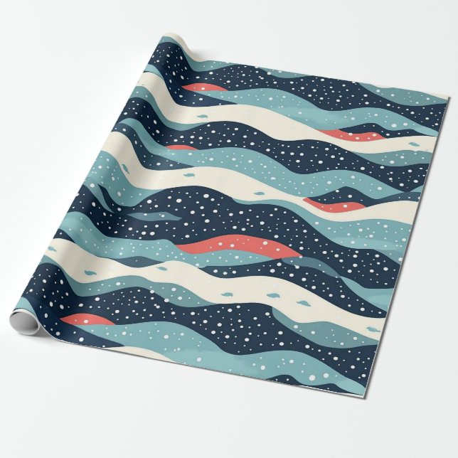 Abstract Wavy Lines with Snowflake Dots Wrapping Paper (Unrolled)