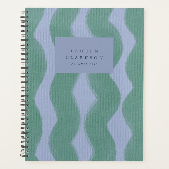 Abstract Wavy Stripe Green Lavender Planner (Front)