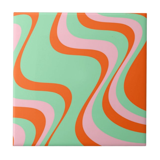Abstract Wavy Stripe Green Orange Retro Bold  Ceramic Tile (Front)