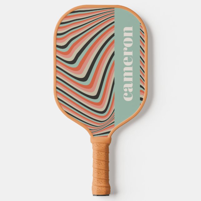 Abstract Wavy Stripes Aqua and Peach Personalised Pickleball Paddle (Front)