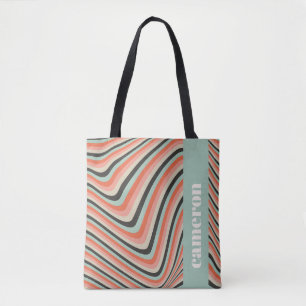 Abstract Wavy Stripes Aqua and Peach Personalised Tote Bag