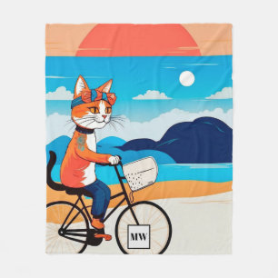 Abstract whimsical headband cat riding bicycle fleece blanket