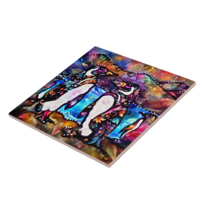Abstract Whimsical Penguin Family Floral Colourful Ceramic Tile (Side)