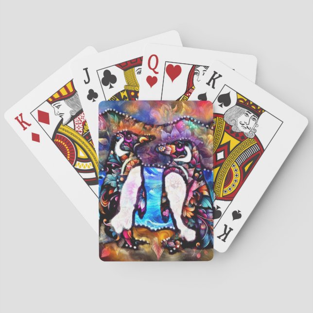 Abstract Whimsical Penguin Family Floral Colourful Playing Cards (Back)