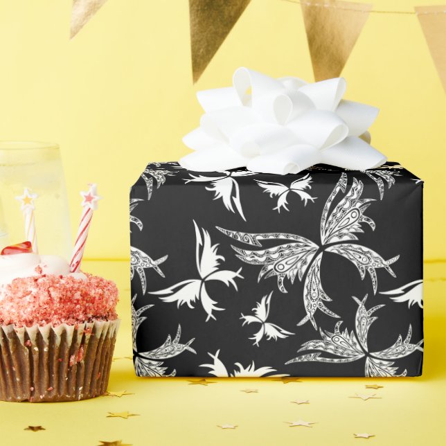 Abstract White And Black Butterflies Wrapping Paper (Birthday Party)