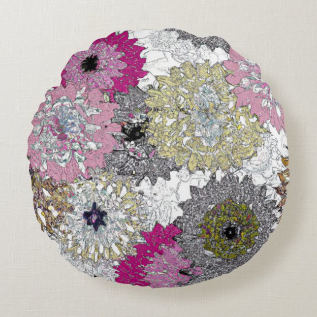 Abstract White and Pink Floral Pattern Round Cushion (Front)