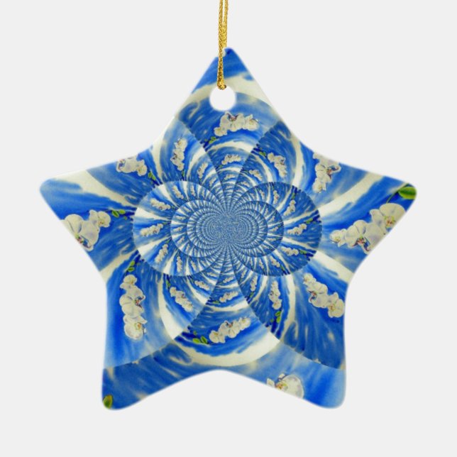 Abstract white blue floral painting ceramic ornament (Front)