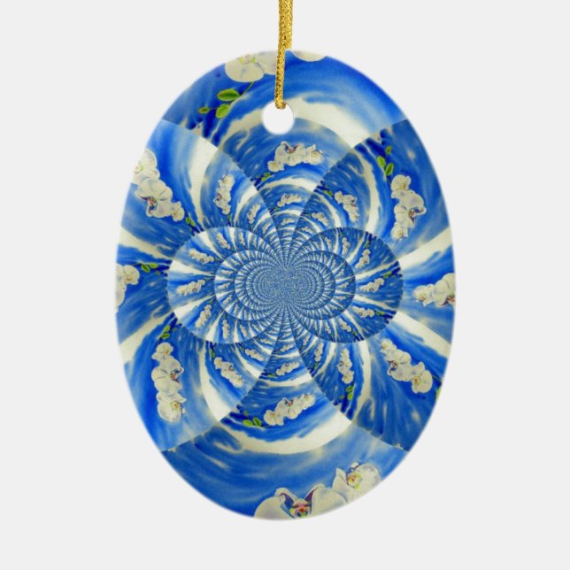 Abstract white blue floral painting ceramic ornament (Front)