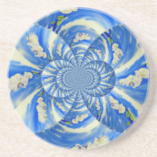 Abstract white blue floral painting coaster