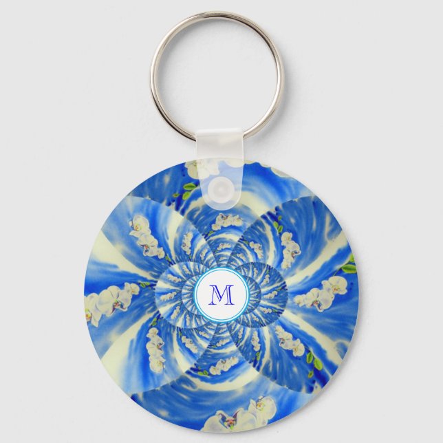 Abstract white blue floral painting key ring (Front)