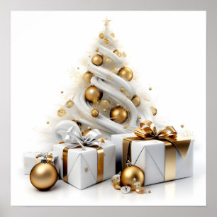 Abstract white christmas tree with gold accents poster
