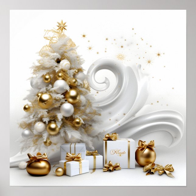 Abstract white christmas tree with gold accents poster (Front)