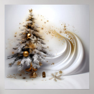 Abstract white christmas tree with gold accents poster