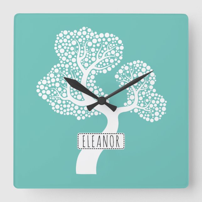 Abstract white circle tree and name light teal square wall clock (Front)