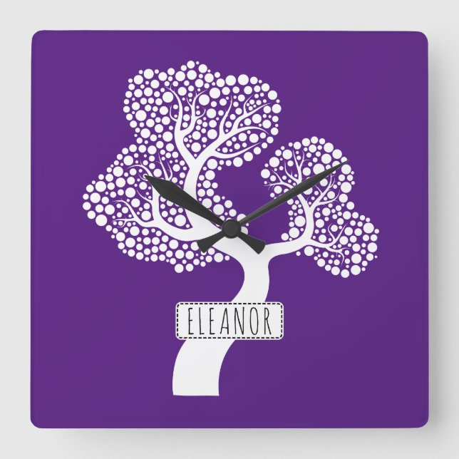 Abstract white circle tree and name royal purple square wall clock (Front)