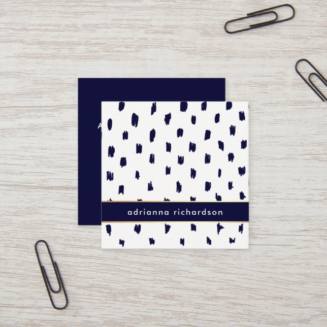 Abstract White Dots on Navy Blue with Gold Square Business Card (Front/Back In Situ)