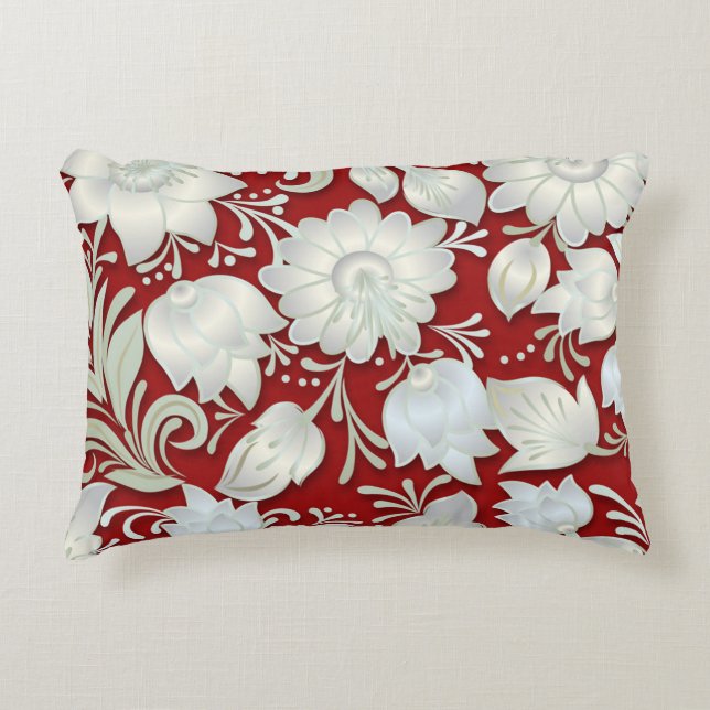 Abstract White Floral Ornament on Red Background  Decorative Cushion (Front)