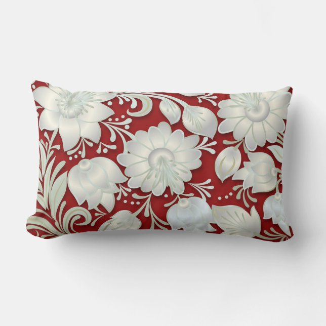Abstract White Floral Ornament on Red Background Lumbar Cushion (Front)