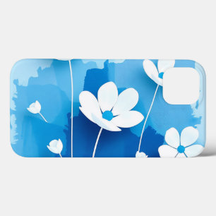 Abstract White Flowers Light Blue Background iPhone 13 Case