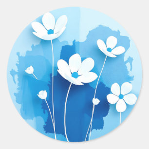Abstract White Flowers Light Blue Background Classic Round Sticker