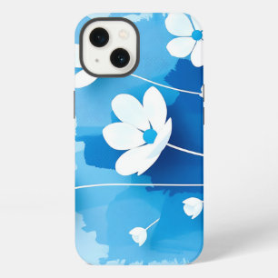 Abstract White Flowers Light Blue Background iPhone 13 Case