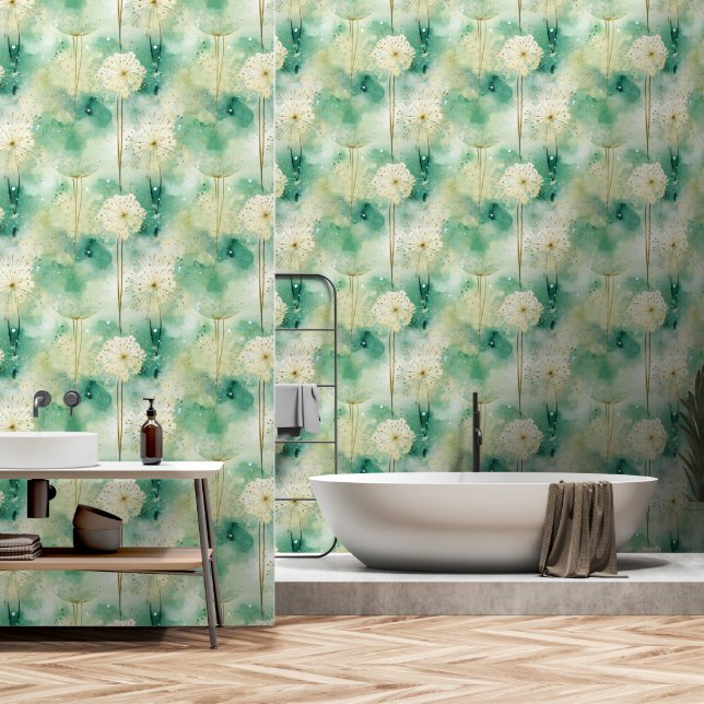 Abstract White Green Floral Wallpaper (Bathroom)