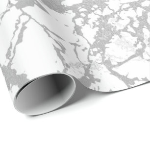 Abstract White Grey Marble Silver Carrara Shiny Wrapping Paper