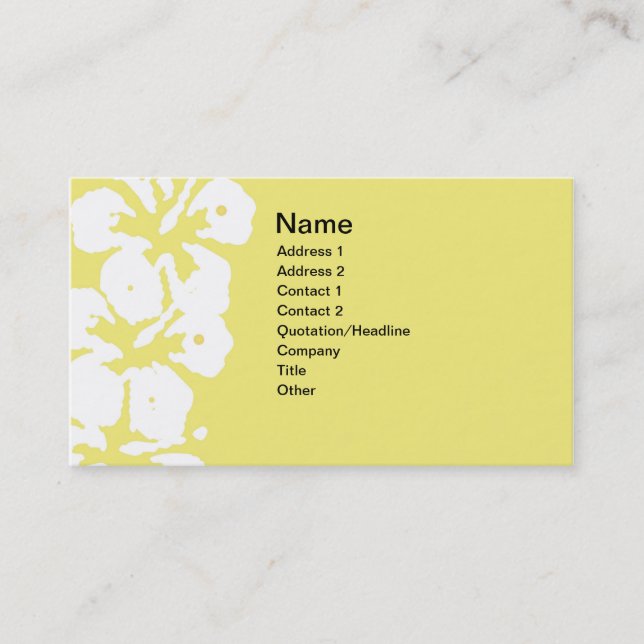 Abstract White Hibiscus Flowers on Yellow Business Card (Front)