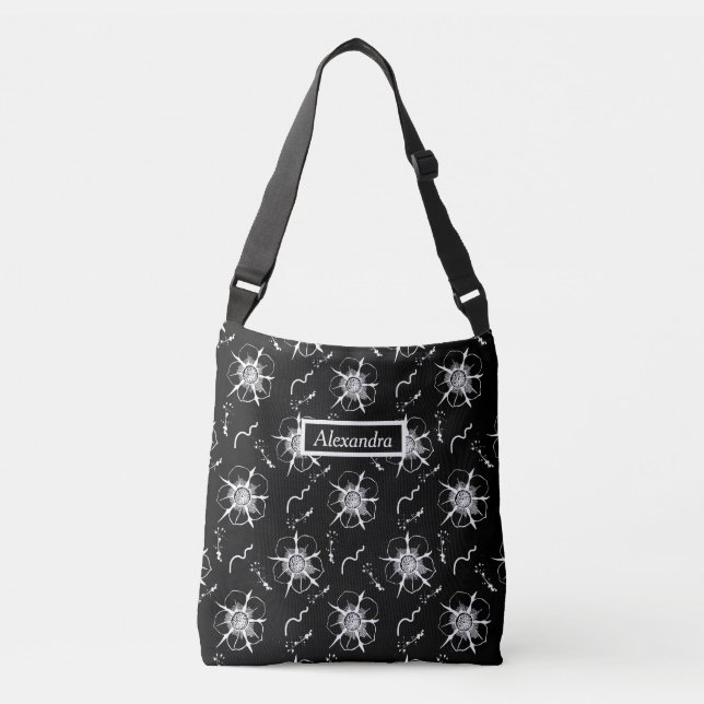 Abstract White Line Art Flowers On Black Crossbody Bag (Front)