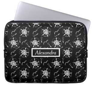 Abstract White Line Art Flowers On Black Laptop Sleeve
